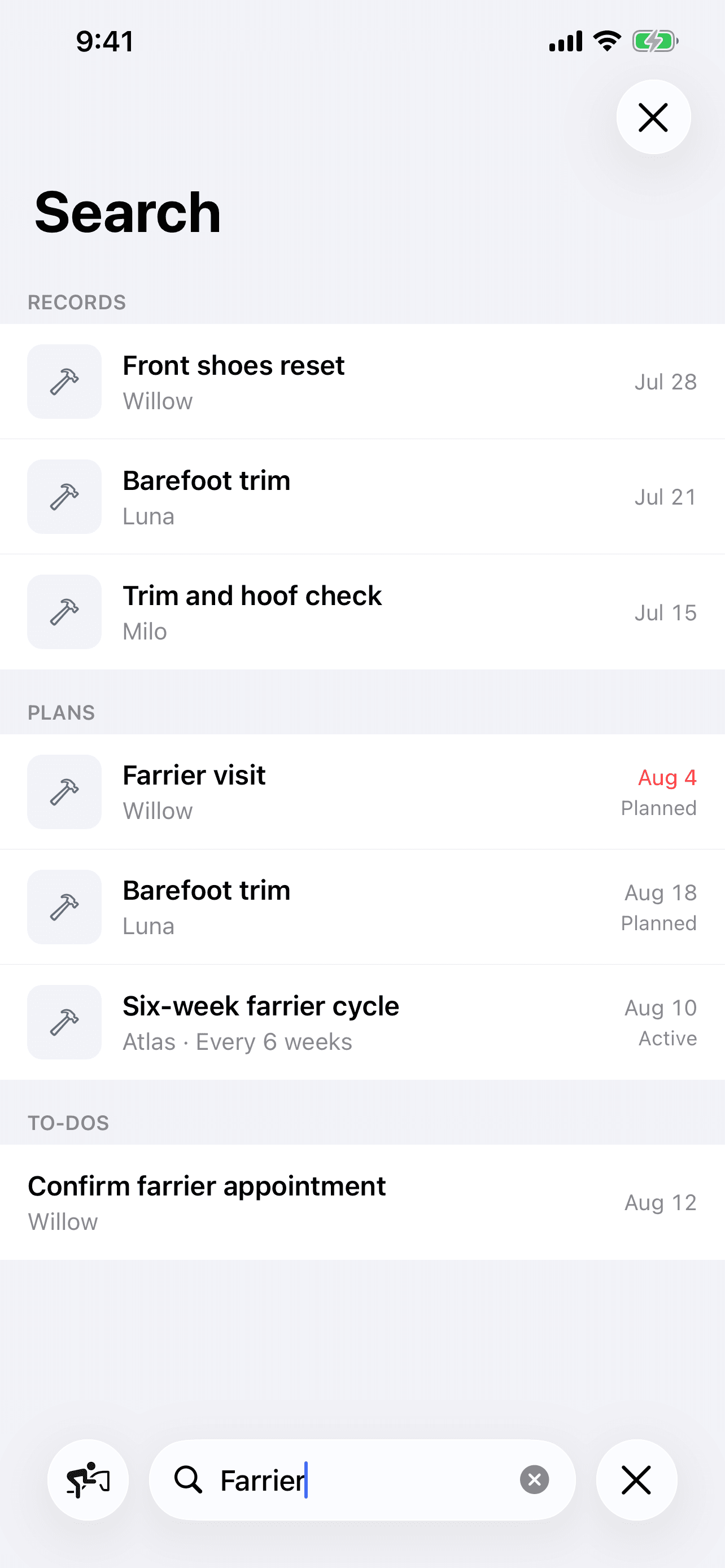 StableNote search results for farrier care